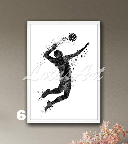Volleyball boy player watercolor sports art in black-white - minimalist kids room decor