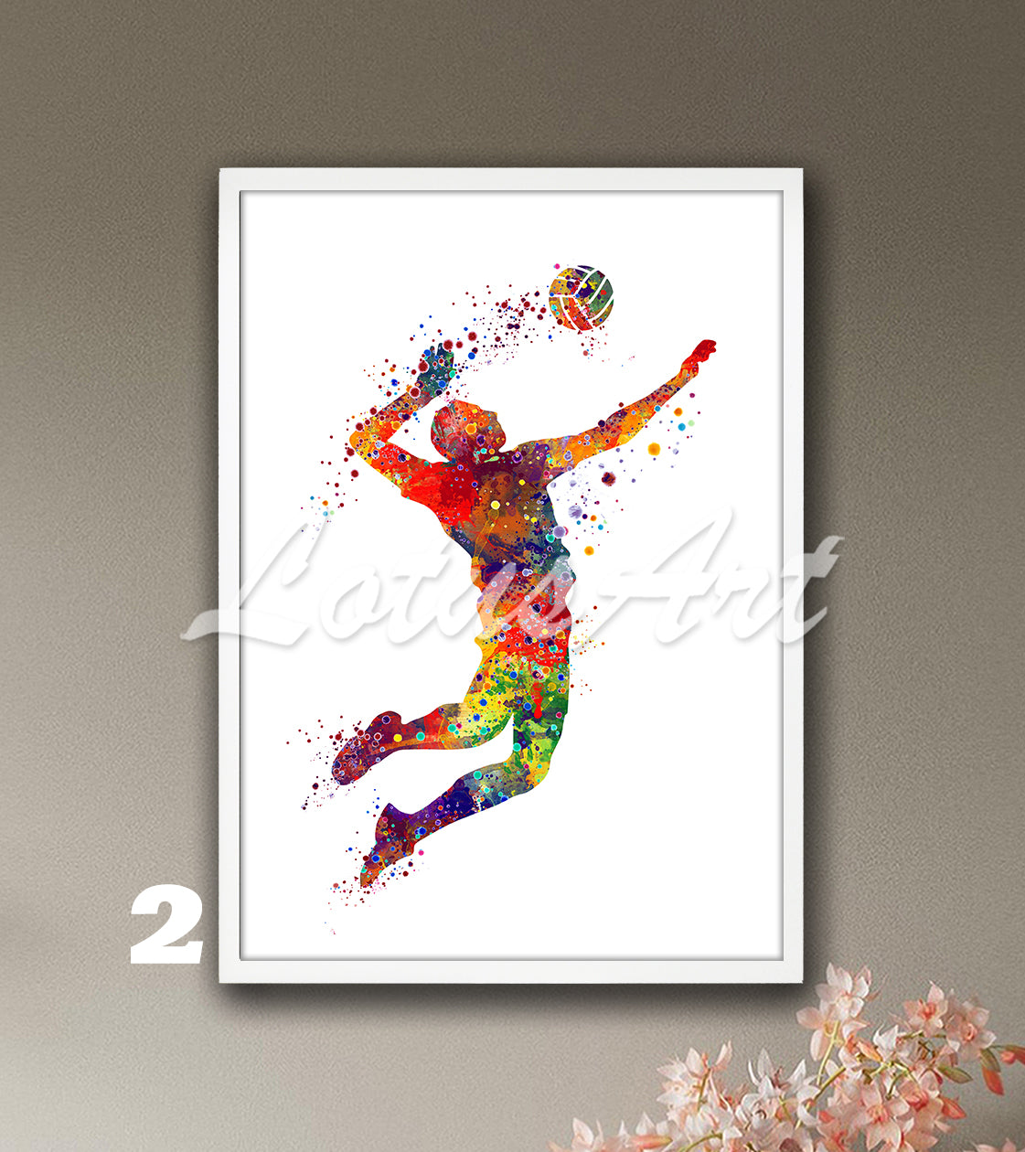 Volleyball boy player watercolor sports wall art in vibrant warm colors - kids room deco