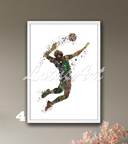 Volleyball boy watercolor sports art decor in brown tones - kids room gifts