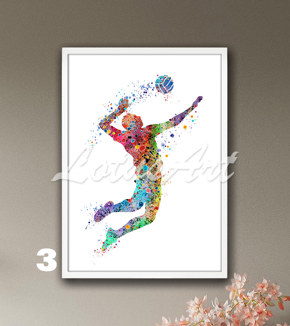Volleyball boy player watercolor sports art in bright tones - kids room wall decor