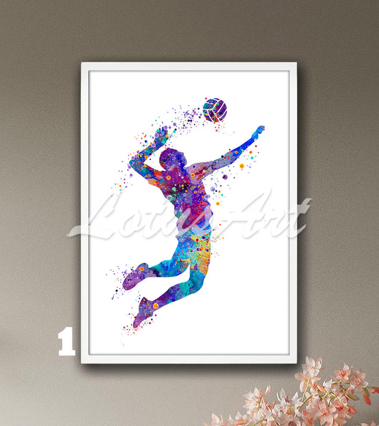 Volleyball boy watercolor sports wall decor in colorful tones - kids room poster