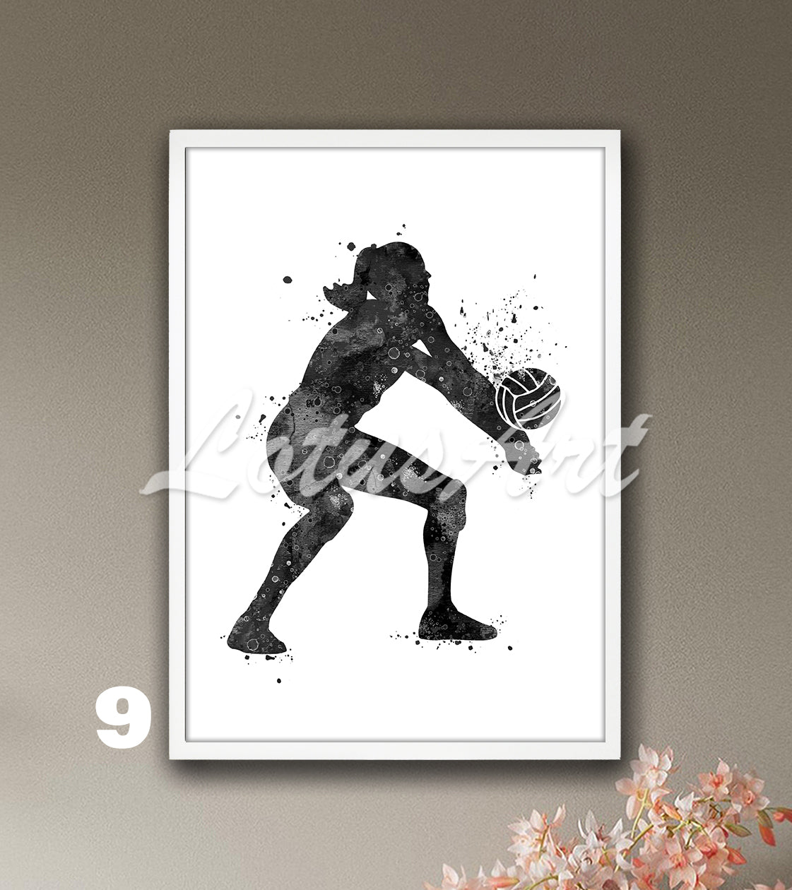 Volleyball girl watercolor sports art print in black tones - minimalist kids room decor