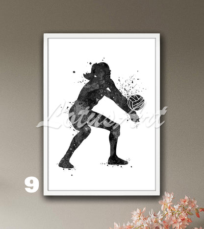 Volleyball girl watercolor sports art print in black tones - minimalist kids room decor