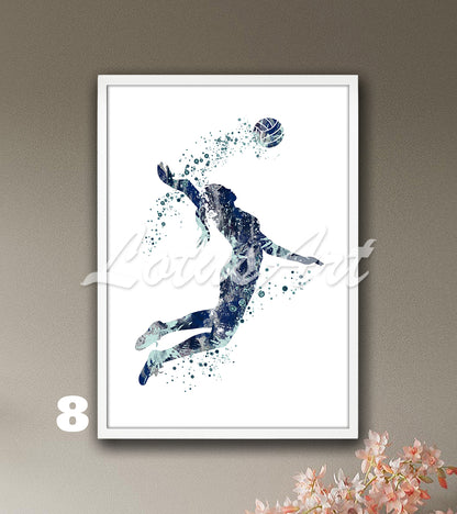 Volleyball girl watercolor sports wall art in navy colors - girls room poster