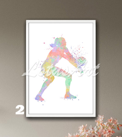 Volleyball girl watercolor sports wall art in pastel tones - girls room poster