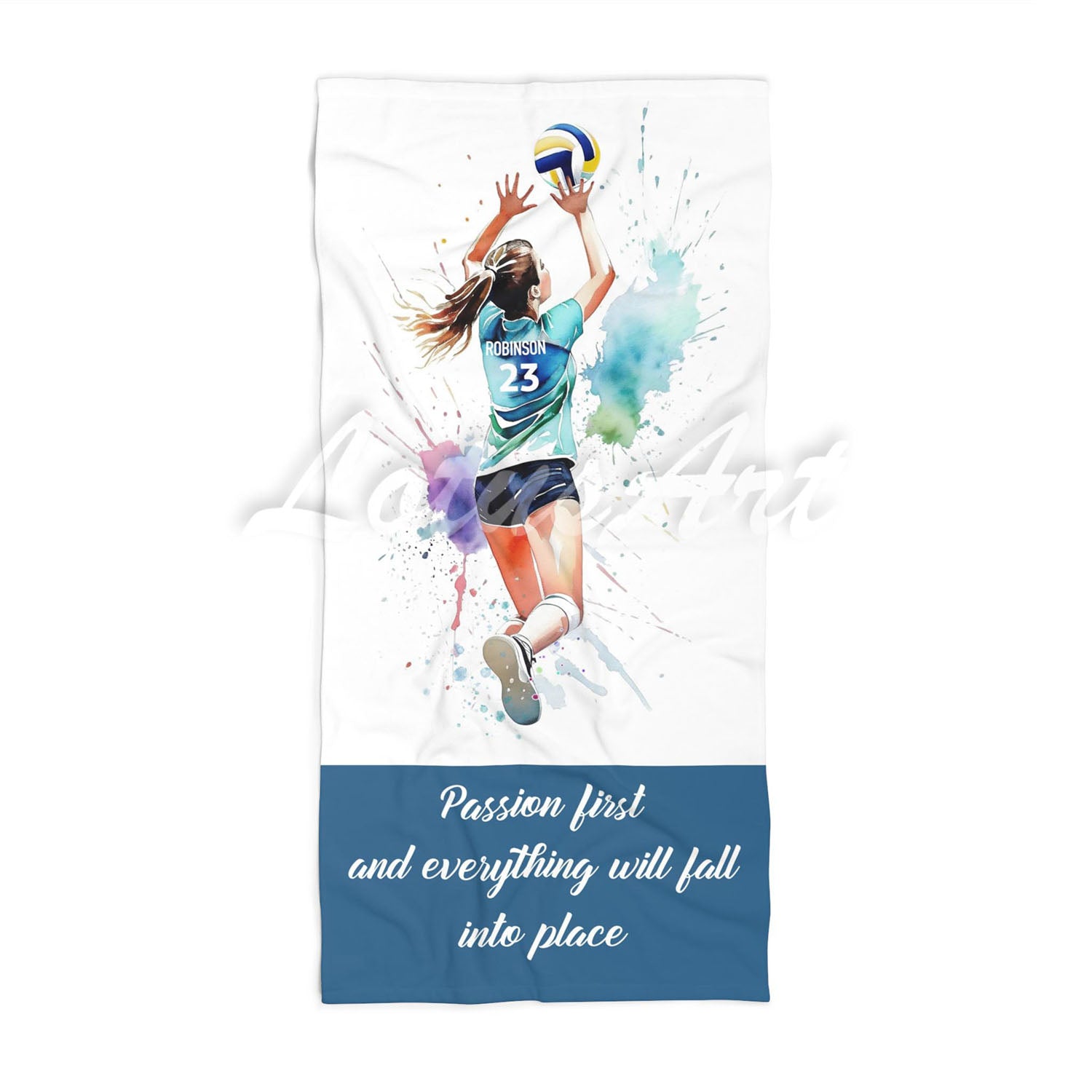 Volleyball girl personalized beach towel custom name number quote, watercolor sports art front view