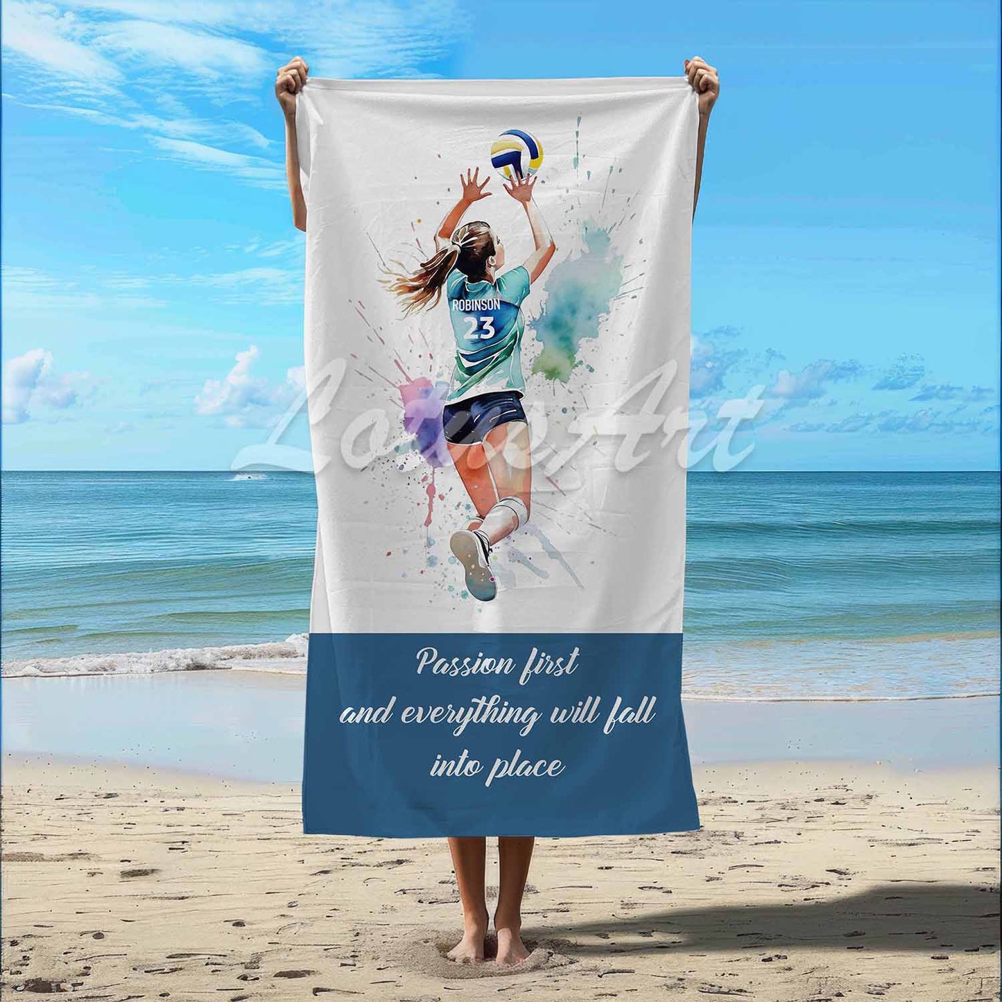 Volleyball girl personalized beach towel custom name number quote, watercolor sports art lifestyle beach