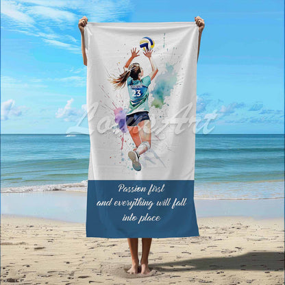 Volleyball girl personalized beach towel custom name number quote, watercolor sports art lifestyle beach