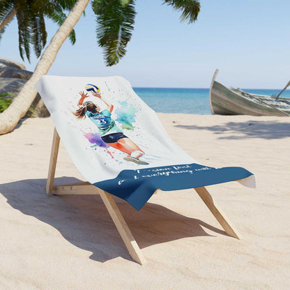 Volleyball girl personalized beach towel custom name number quote, watercolor sports art lifestyle lounger