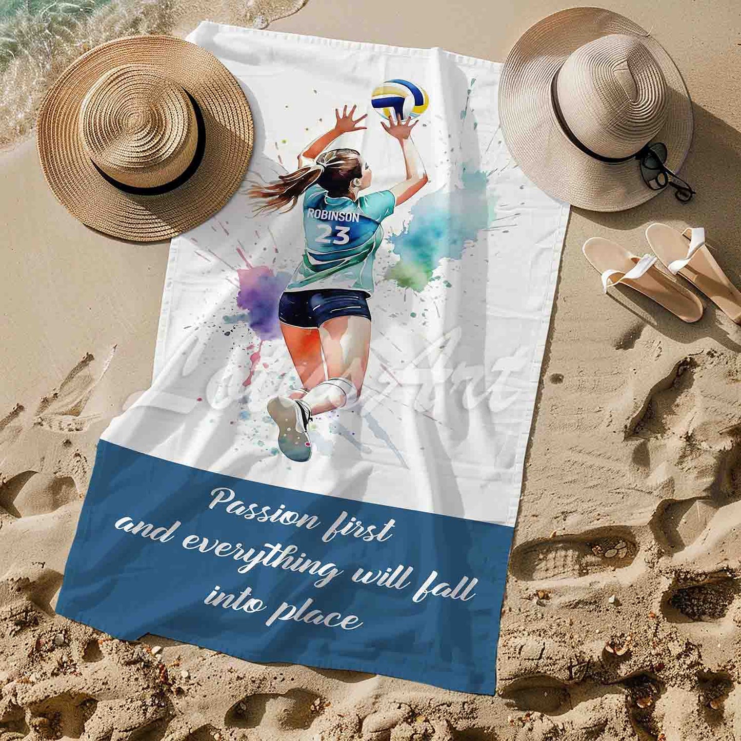 Volleyball girl personalized beach towel custom name number, watercolor sports art lifestyle sand