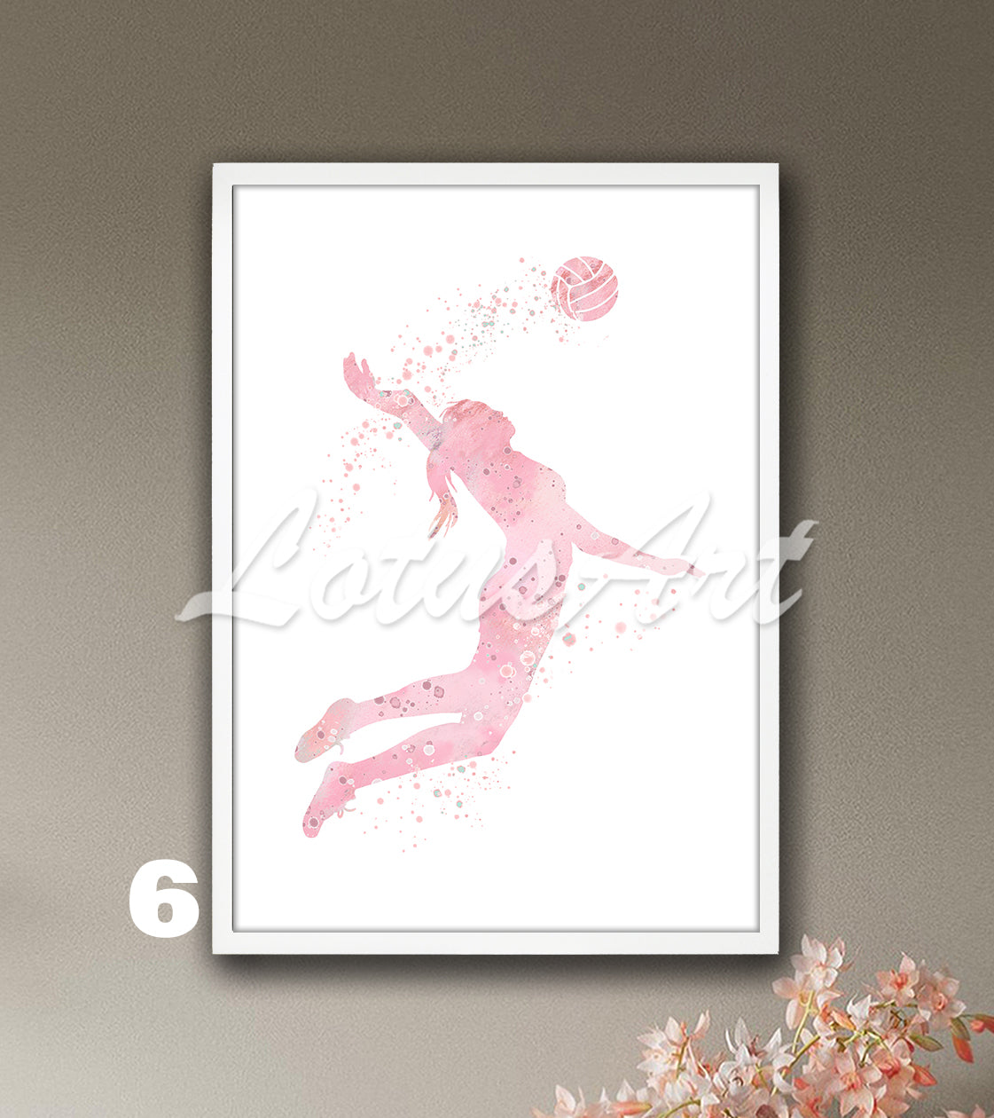 Volleyball girl watercolor sports wall art in pink colors - girls room wall decor
