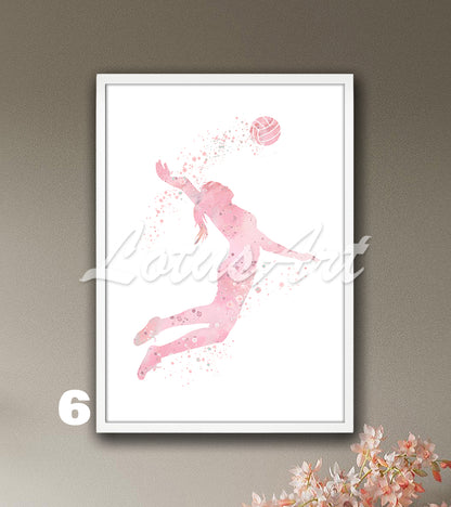 Volleyball girl watercolor sports wall art in pink colors - girls room wall decor
