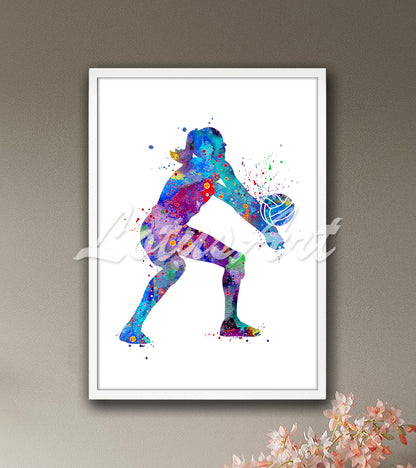 Volleyball girl player hitting ball vibrant multicolor watercolor print - kids room sports wall art