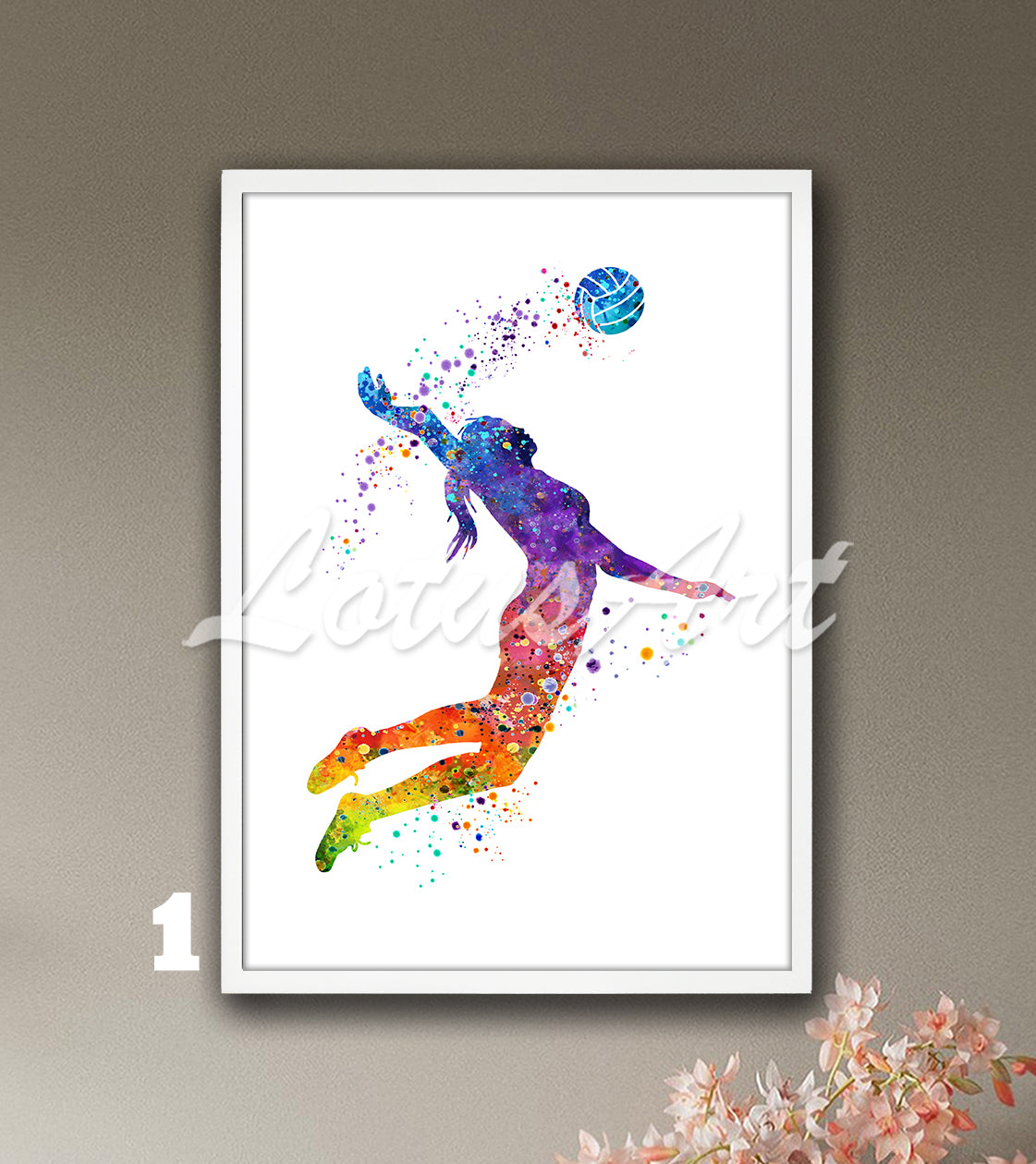 Volleyball girl player watercolor sports art print in rainbow tones - kids room decor