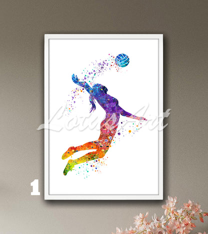 Volleyball girl player watercolor sports art print in rainbow tones - kids room decor