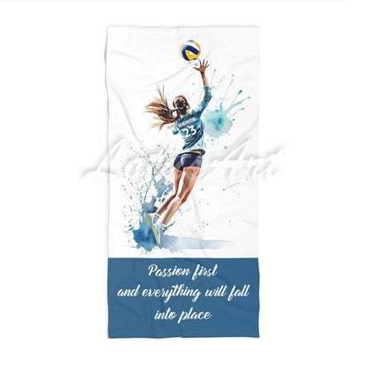 Volleyball girl quote beach towel personalized custom name number, watercolor sports art front view