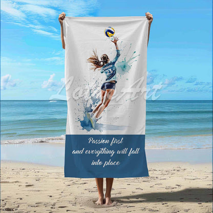 Volleyball girl quote beach towel personalized custom name number, watercolor sports art lifestyle beach