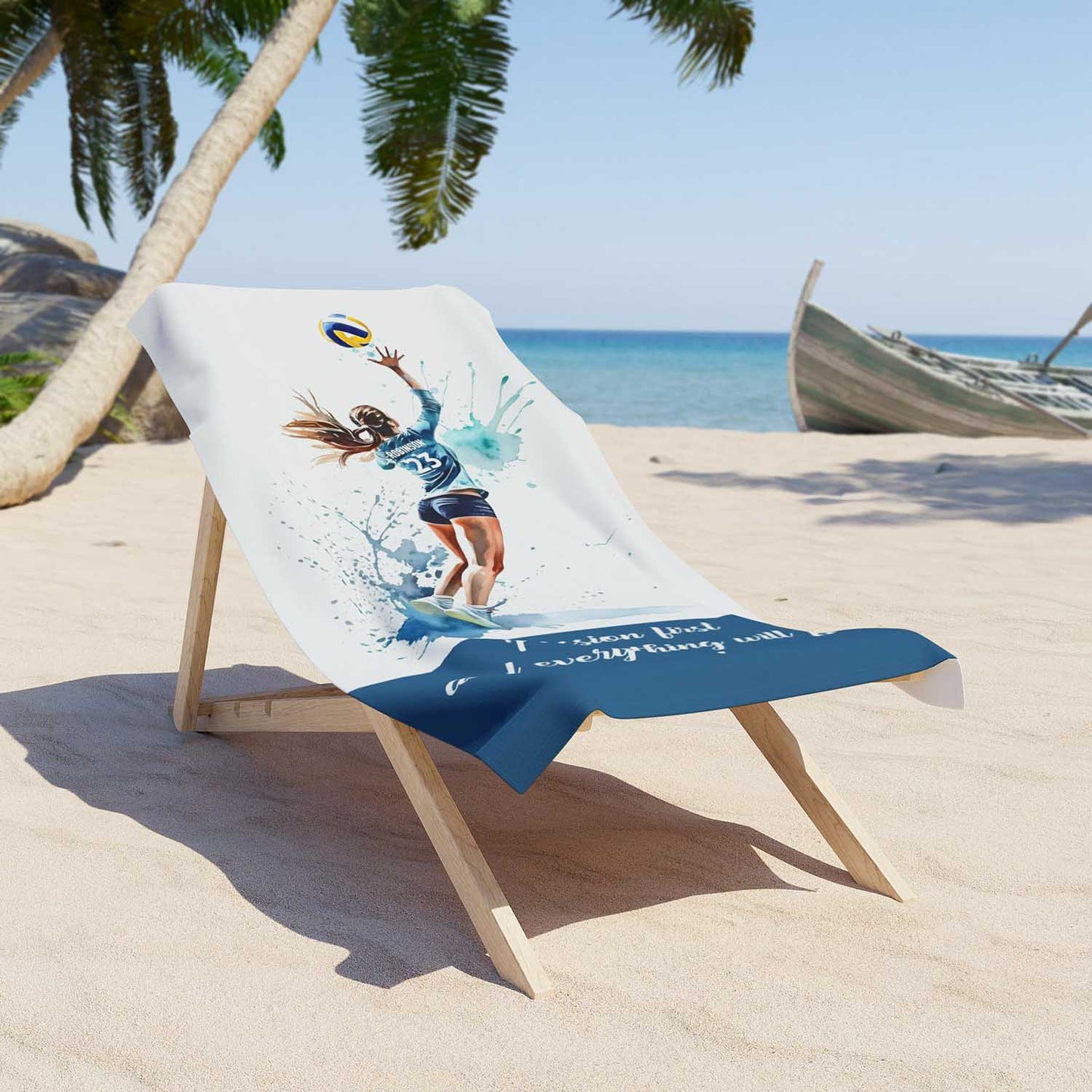 Volleyball girl quote beach towel personalized custom name number, watercolor sports art lifestyle lounger