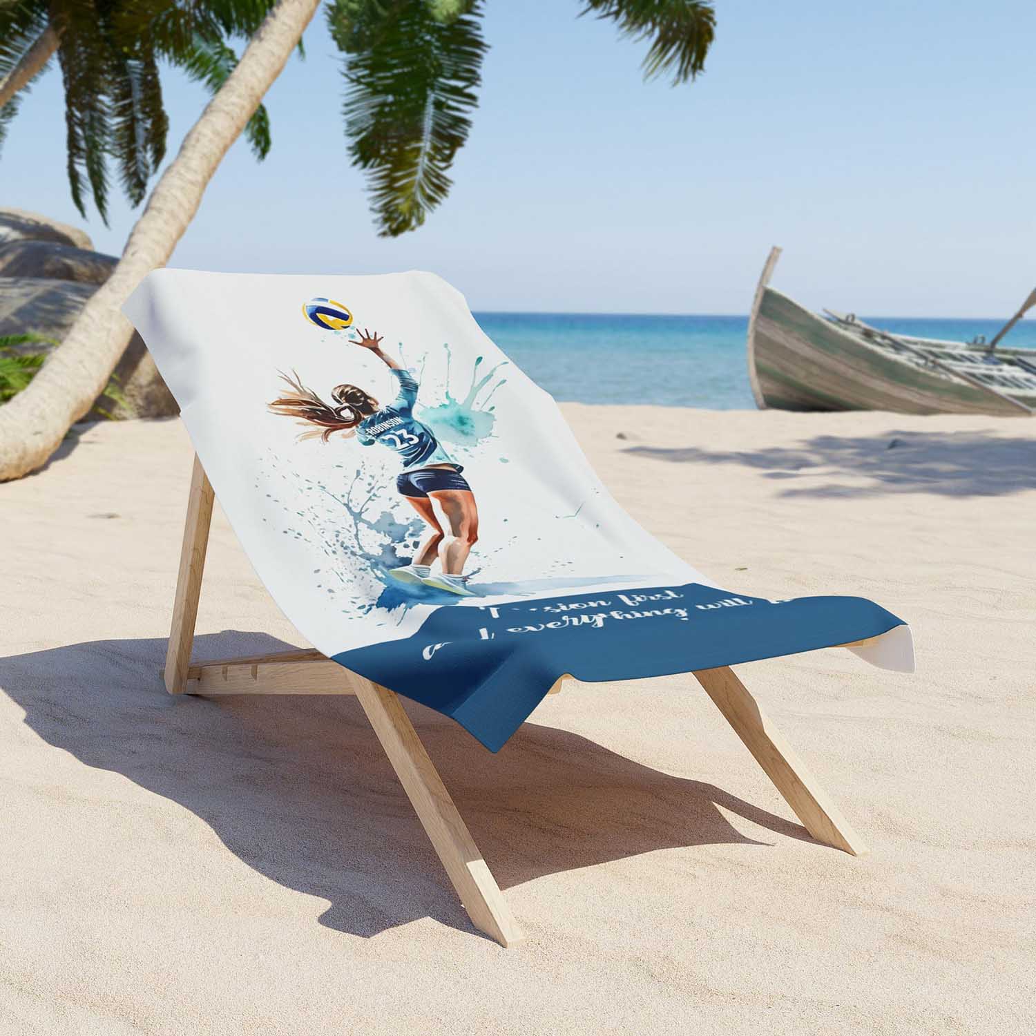 Volleyball girl quote beach towel personalized custom name number, watercolor sports art lifestyle lounger