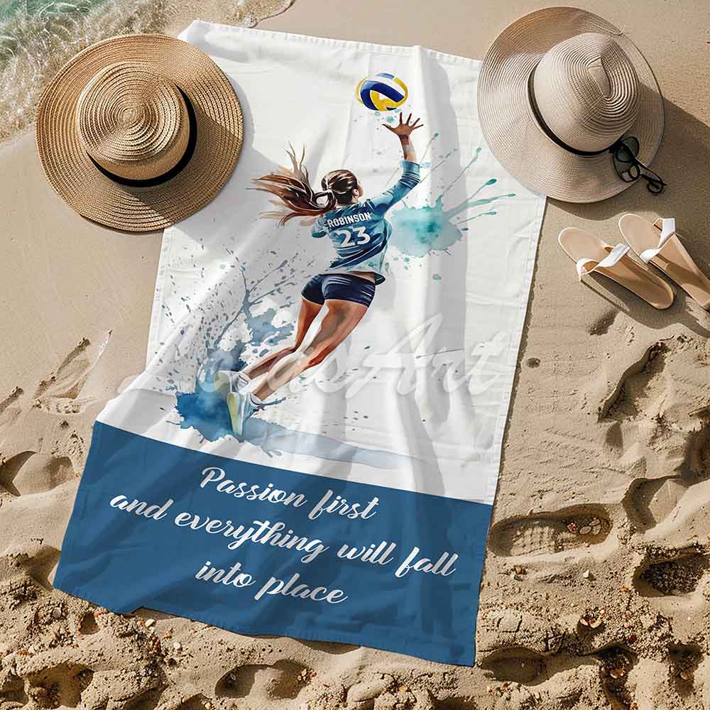 Volleyball girl quote beach towel personalized custom name number, watercolor sports art lifestyle sand