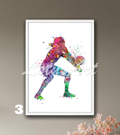Volleyball girl watercolor sports wall art print in bright tones - girls room decor