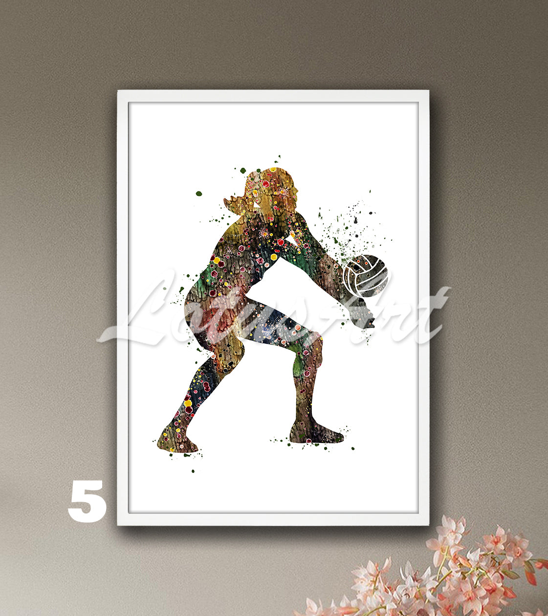 Volleyball girl watercolor sports art print in vivid brown tones - girls room poster