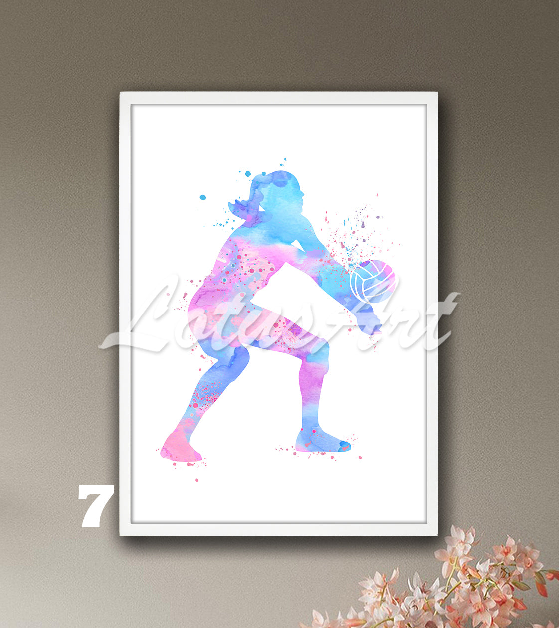 Volleyball girl watercolor sports wall decor in bright pink-blue colors - girls room art