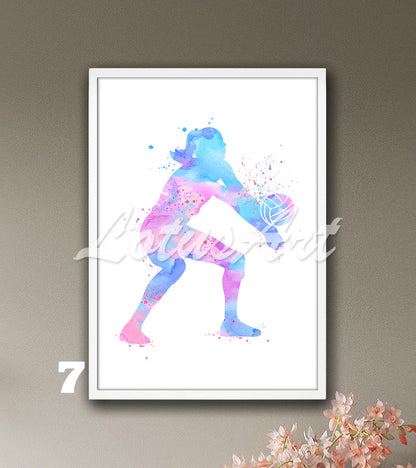 Volleyball girl watercolor sports wall decor in bright pink-blue colors - girls room art