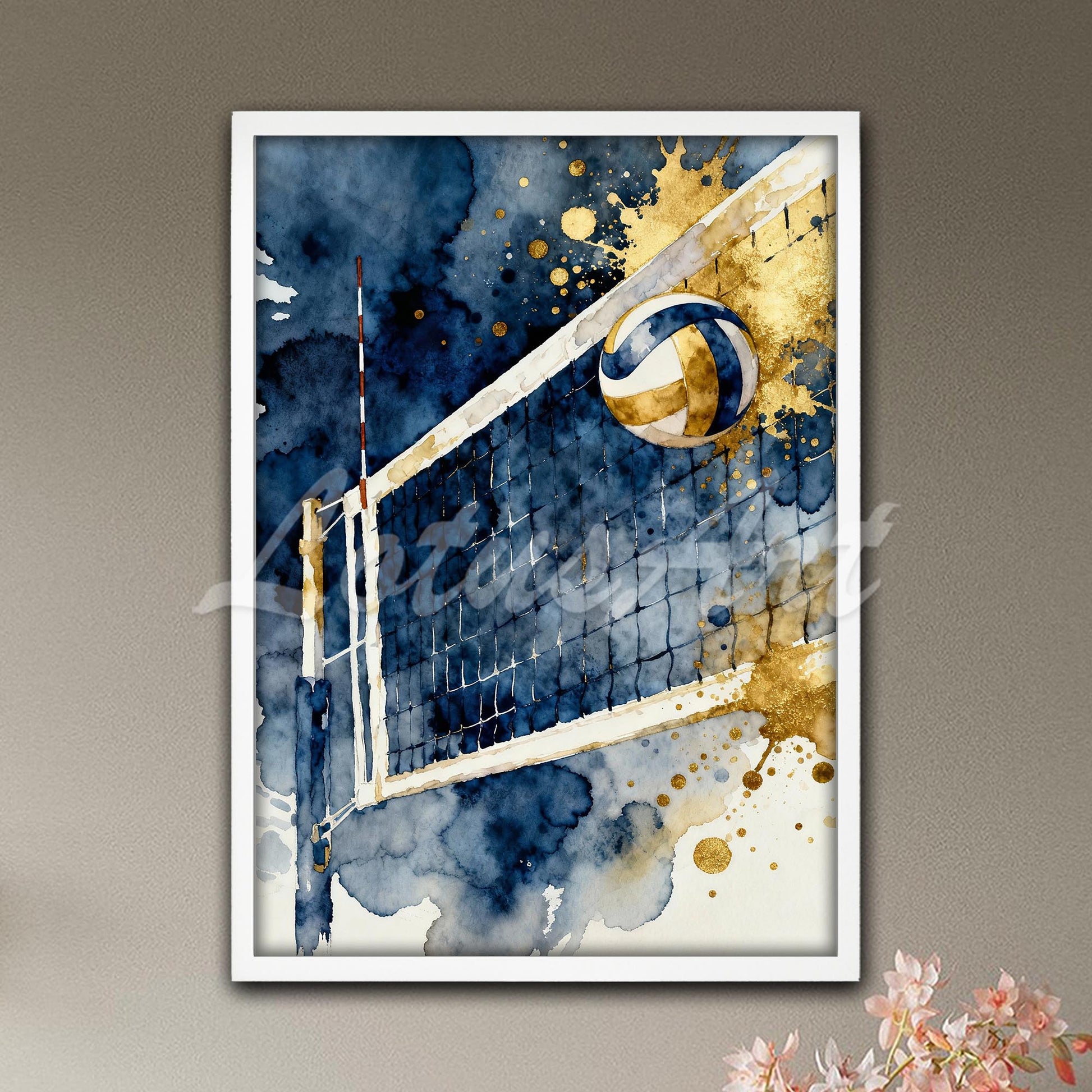 Volleyball net & ball navy blue golden yellow watercolor print - affordable girls room sports art