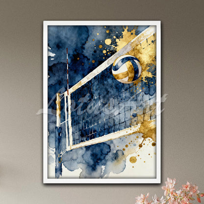 Volleyball net & ball navy blue golden yellow watercolor print - affordable girls room sports art