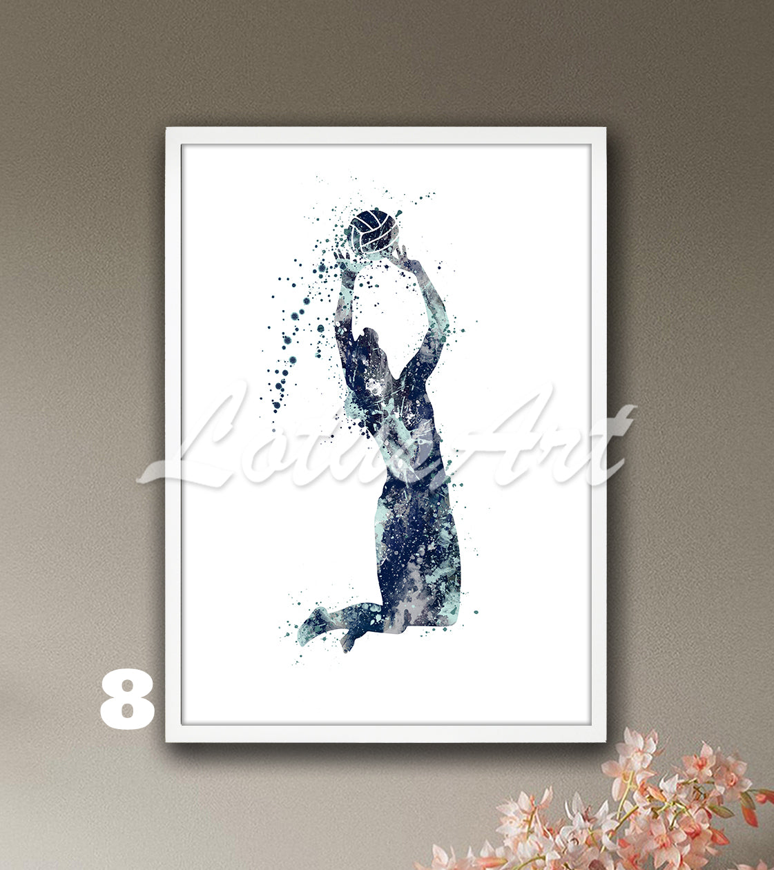 Volleyball setter girl watercolor sports art print in navy tones - girls room wall art