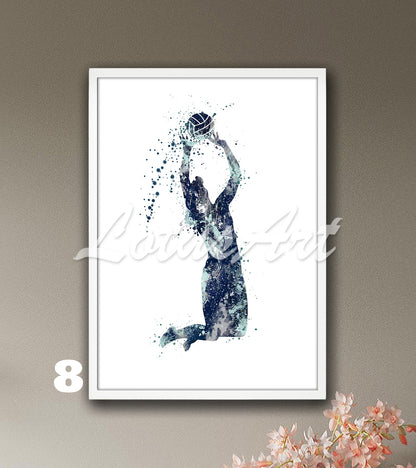 Volleyball setter girl watercolor sports art print in navy tones - girls room wall art
