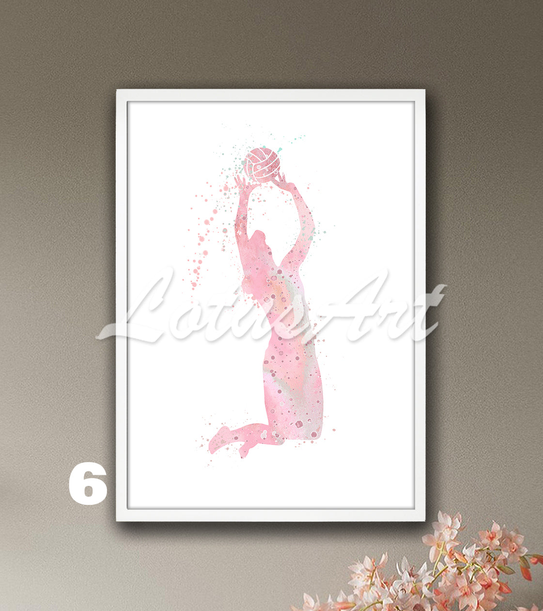 Volleyball setter girl watercolor sports wall art in pink tones - girls room decor