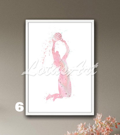Volleyball setter girl watercolor sports wall art in pink tones - girls room decor