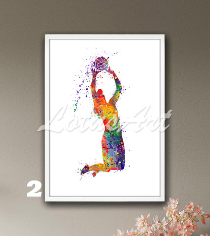 Volleyball setter girl watercolor wall art decor in vibrant multicolor - sports poster for kids room