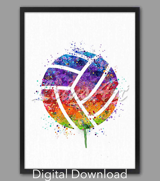 Volleyball instant digital download, watercolor artwork, sports kids gift & nursery wall art in colorful rainbow tones