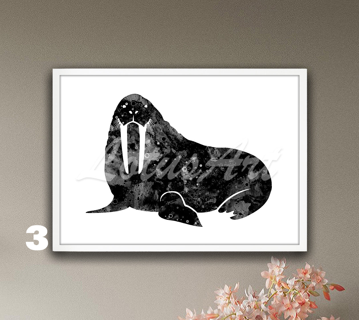 Black-white walrus watercolor art for sea animals artwork, unique nautical gift