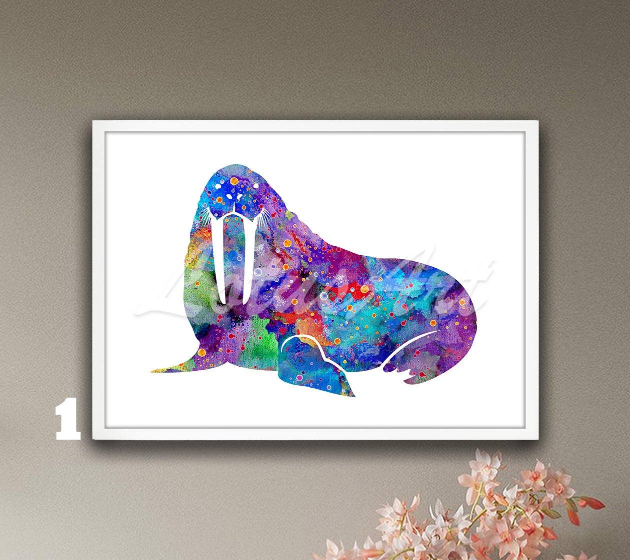 Walrus watercolor wall art print for sea animals decor in blue and purple multicolor tones