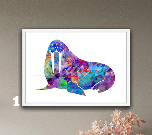 Walrus watercolor wall art print for sea animals decor in blue and purple multicolor tones