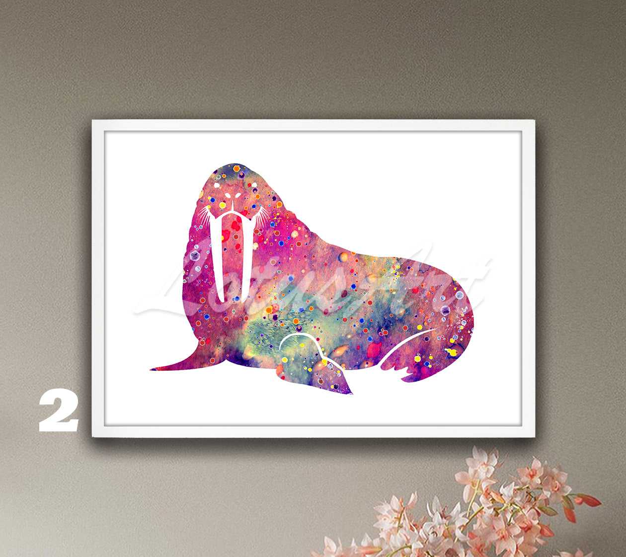 Walrus watercolor wall decor art print for sea animals in pink and colorful tones, ocean lover gift