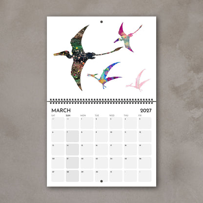 March 2027 kids’ dinosaur calendar page with watercolor illustrations of flying prehistoric animals