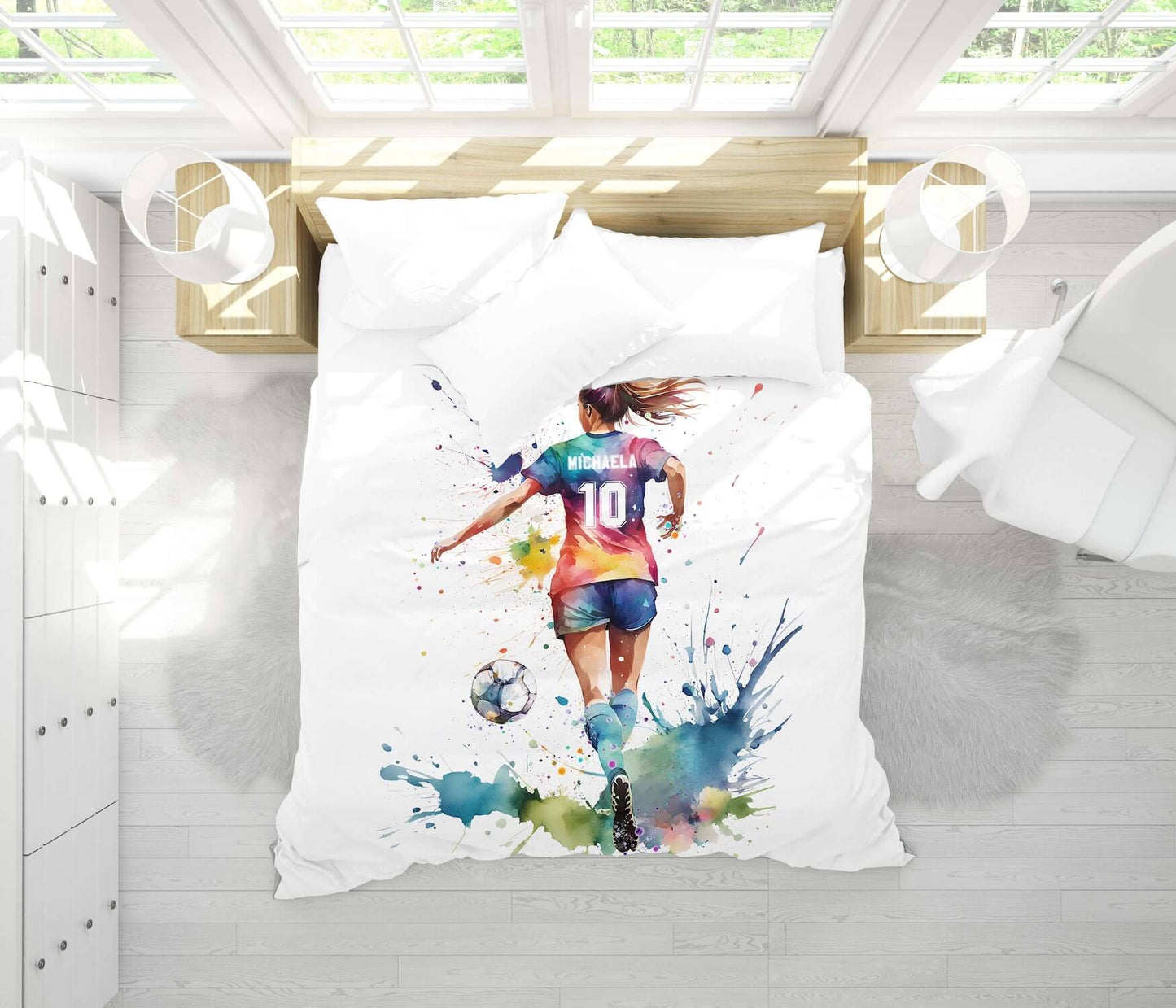 Soccer girl watercolor duvet cover folded - multicolor sports art gift with custom name and jersey number