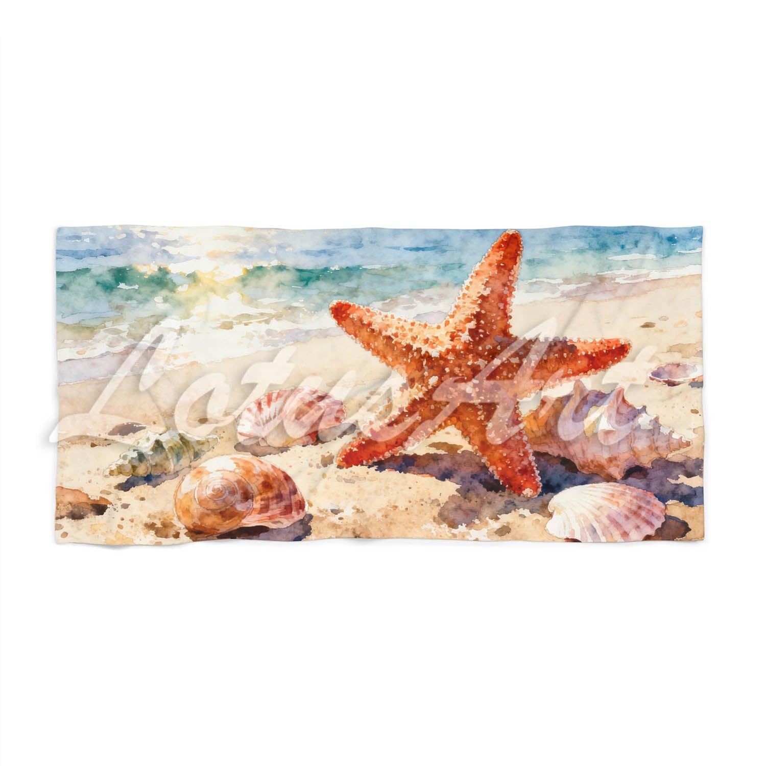 Watercolor starfish seashells beach towel coastal ocean art, sea lovers gift front view