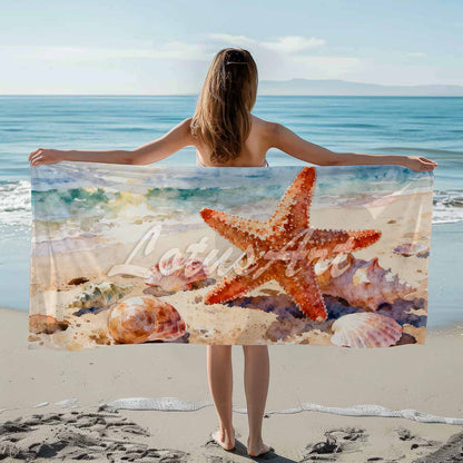Watercolor starfish & seashells beach towel coastal ocean art, sea lovers gift lifestyle beach