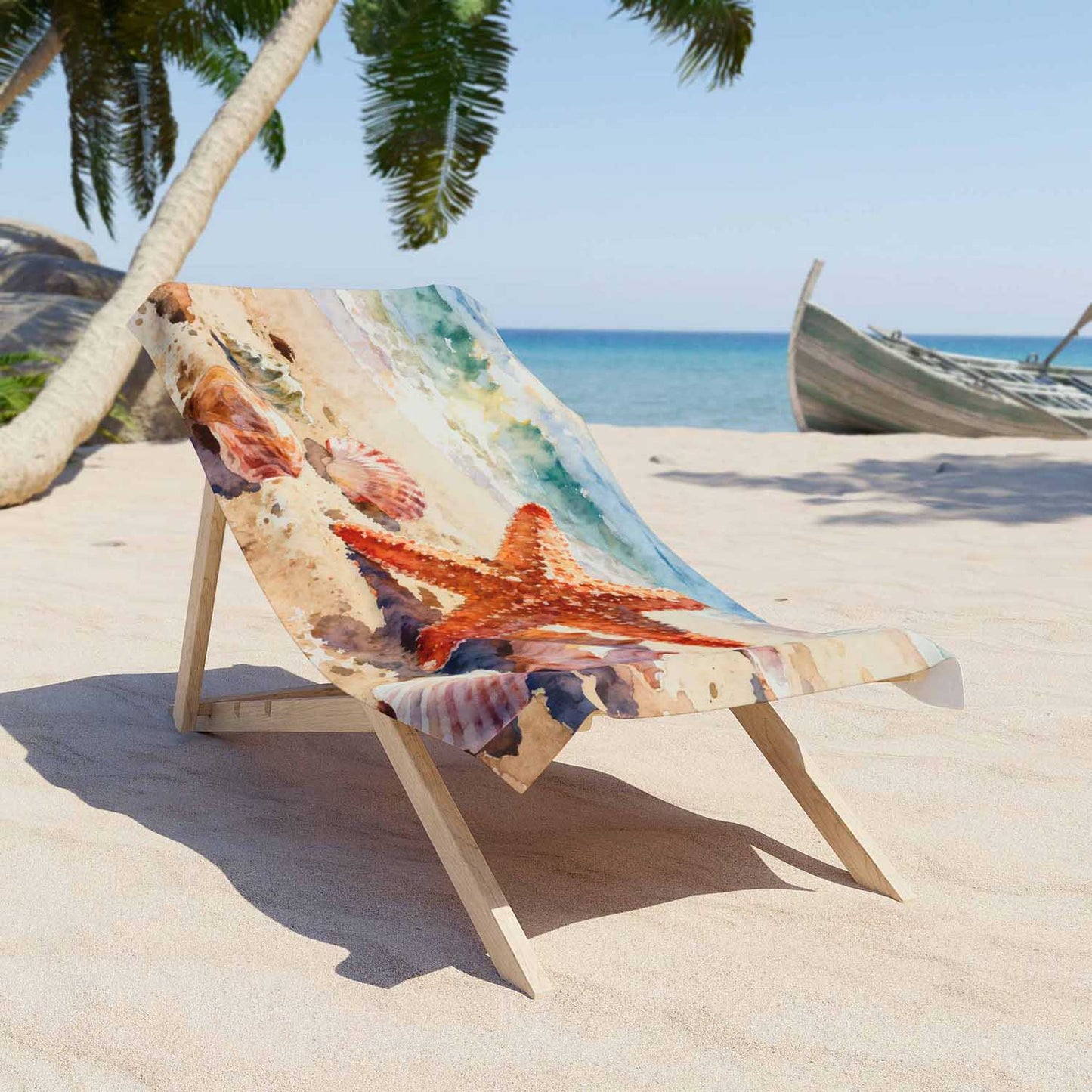 Watercolor starfish seashells beach towel coastal ocean art print, sea lovers gift lifestyle lounger