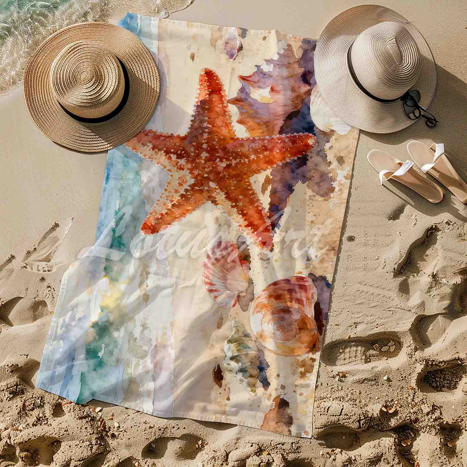 Starfish & seashells beach towel coastal ocean watercolor art, sea lovers gift lifestyle sand