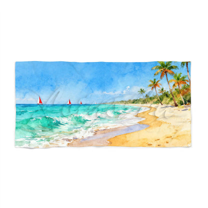 Watercolor tropical beach towel sailboats palm trees coastal ocean art, sea lovers gift front view