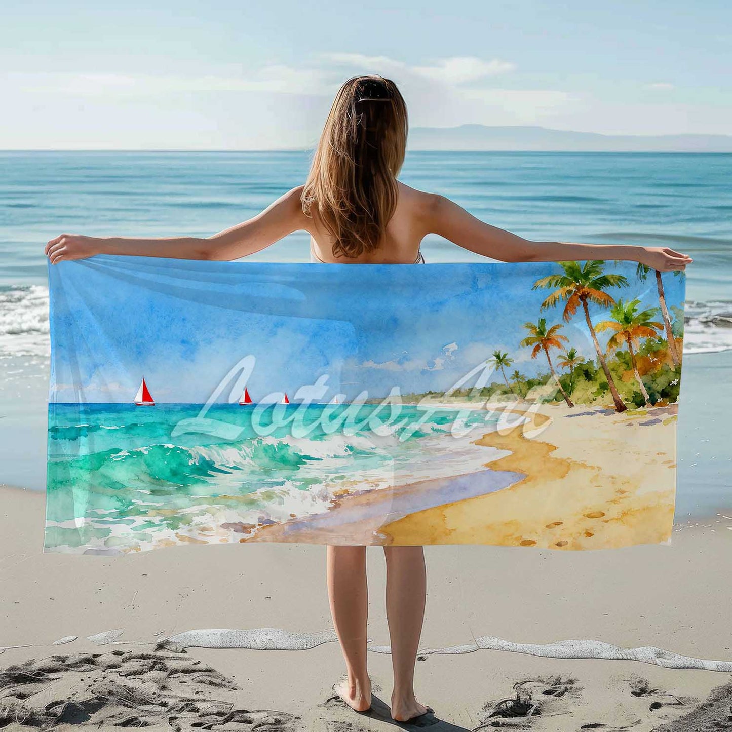 Watercolor tropical beach towel sailboats palm trees coastal ocean art, sea lovers gift lifestyle beach