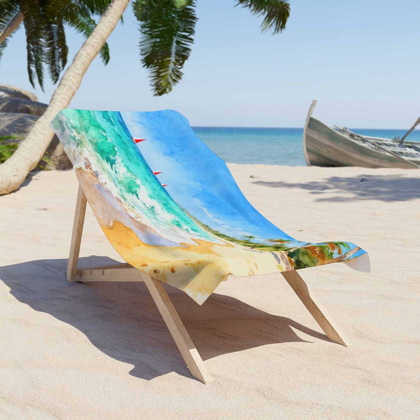 Watercolor tropical beach towel sailboats palm trees coastal ocean gift, sea lovers lifestyle lounger