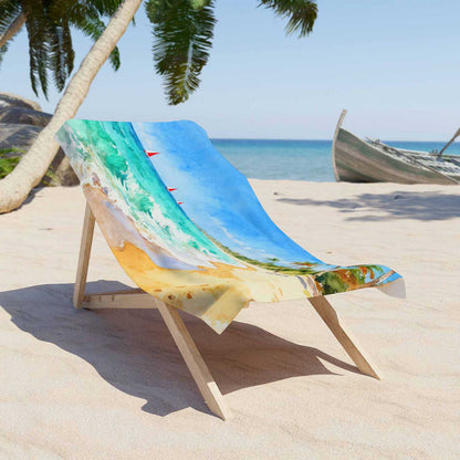 Watercolor tropical beach towel sailboats palm trees coastal ocean gift, sea lovers lifestyle lounger
